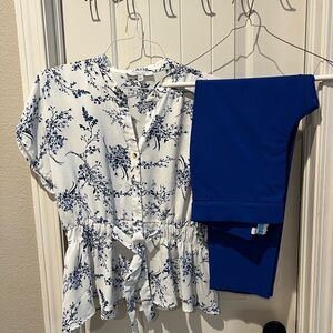 Sweet Rain White and Blue Floral Blouse